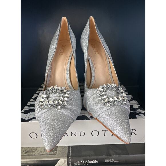 Schutz Meisho Glam Silver Glitter Pointed Toe Stiletto Heels – Size 9.5 – NWT - Picture 1 of 7